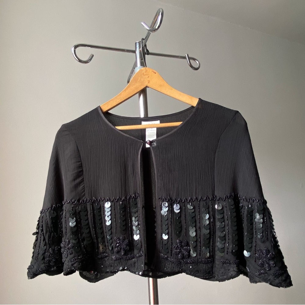 ☀️ Laura Black Sequin Cropped Cape / Evening Shawl Wrap Textured Fabric